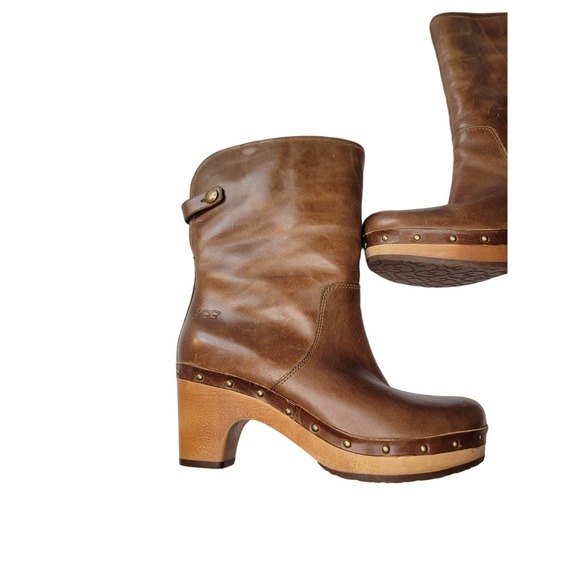 UGG Australia Lynnea Sheepskin Lined Brown Leather Clog Boots Size 6 - Picture 11 of 12